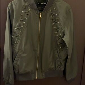 Express Olive Lace-Up Bomber Jacket with Gold Zipper